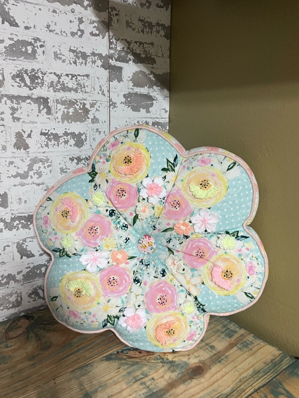 Vintage style embroidered rose blossoms floral floor cushion